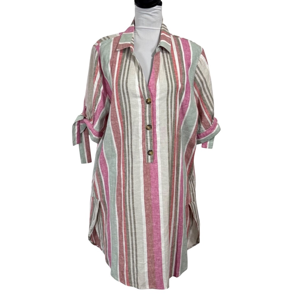 NEW Nine West Jeans Longline Striped Tunic XL Cotton Linen Top Resort Cover Up